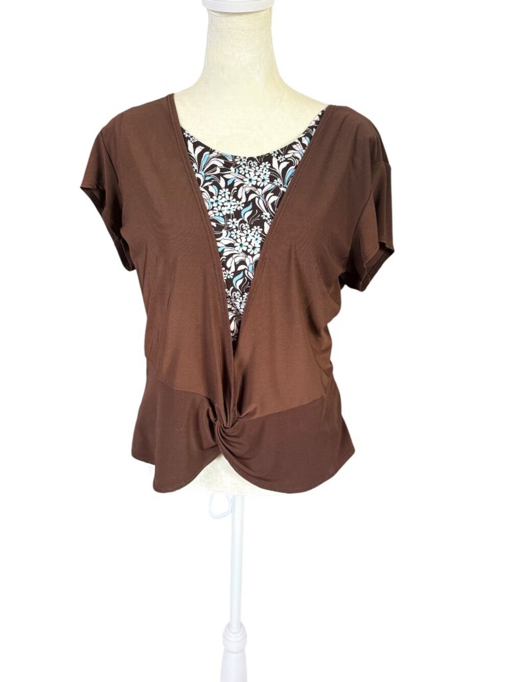Susan Lawrence brown layered short sleeve pullover dressy top women's large